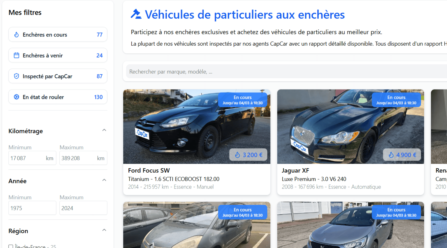 Interface de la plateforme d'enchères automobile