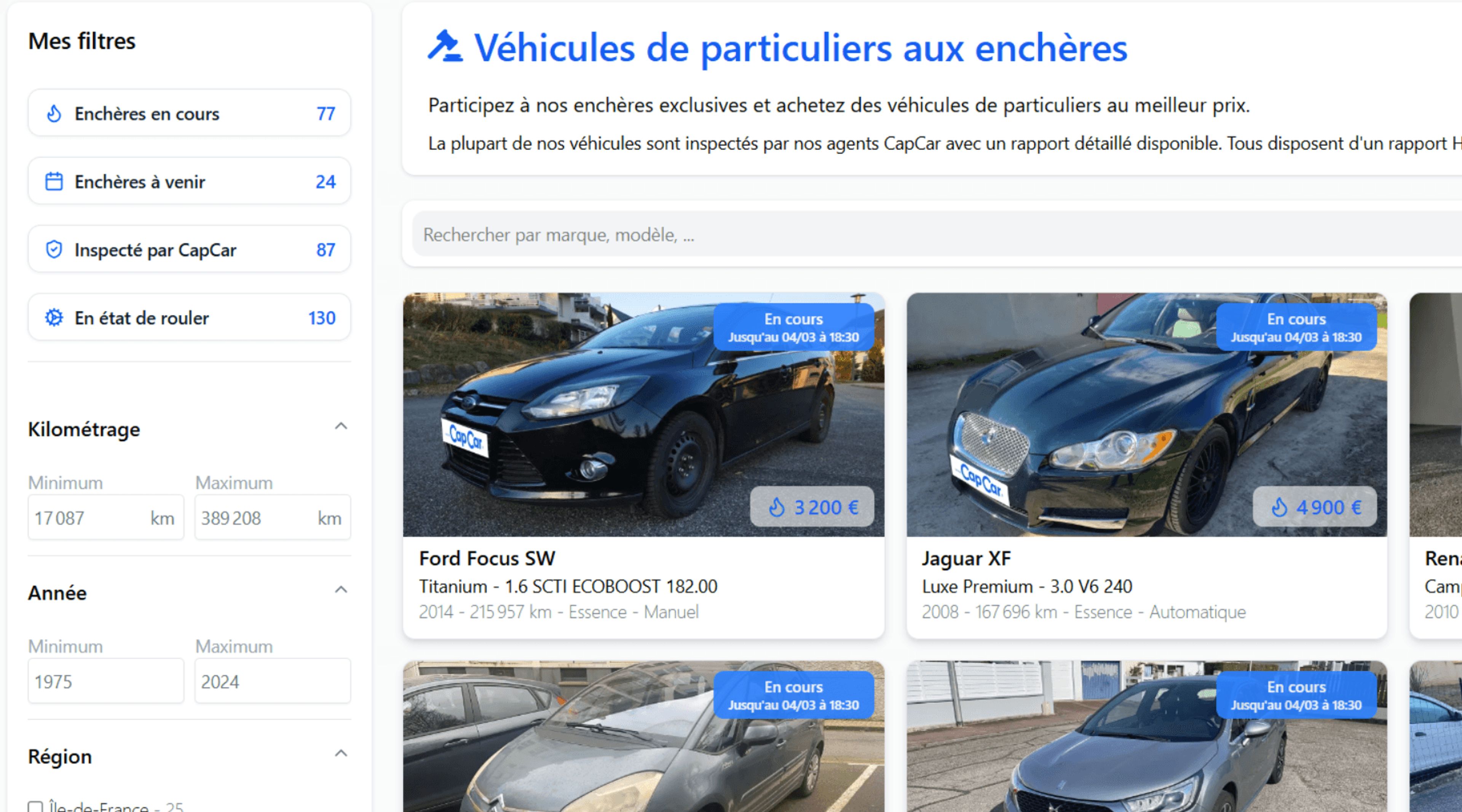 Interface de la plateforme d'enchères automobile